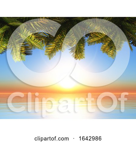 3D Palm Tree Leaves Against a Sunset Ocean Landscape by KJ Pargeter