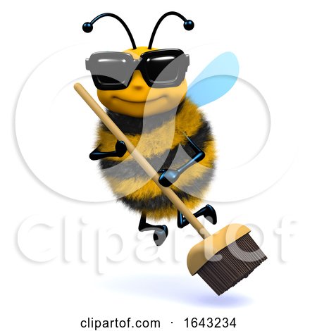 3d Funny Cartoon Honey Bee Character Sweeping Clean with a Broom by Steve Young