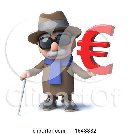 3d Funny Cartoon Old Blind Man Character Has a Euro Currency Symbol by Steve Young