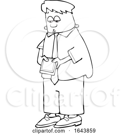 Cartoon Black and White Young Business Man Checking His Cell Phone by djart