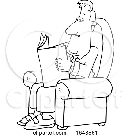 Cartoon Black and White Businessman Reading a Newspaper in a Chair by djart