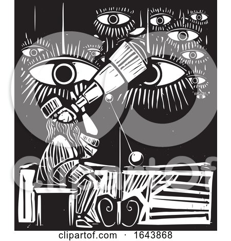 Black and White Woodcut Astronomer and Eyes by xunantunich