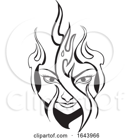 Black and White Tribal Womans Face and Flames Tattoo Design by Morphart Creations