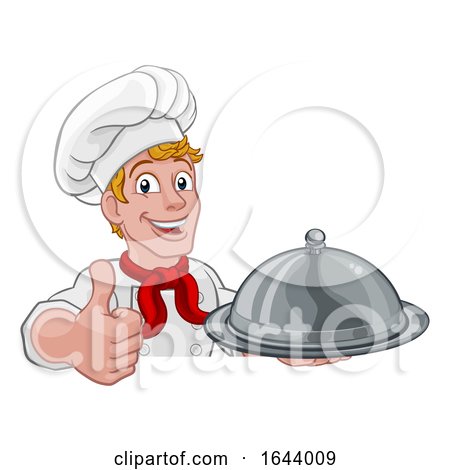 Chef Holding Plate Platter Sign Cartoon by AtStockIllustration