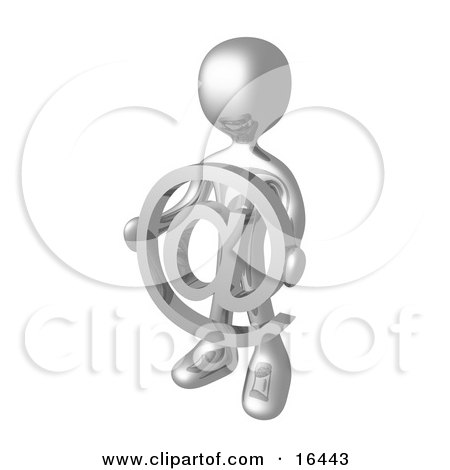Silver Person Holding A Chrome At Symbol in Front of Him Clipart Illustration Graphic by 3poD