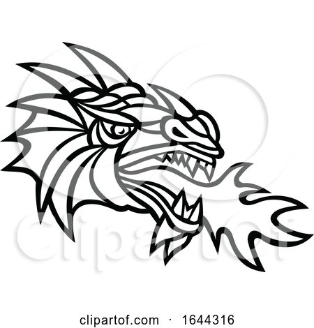 Black and White Mythical Dragon Breathing Fire Mascot by patrimonio