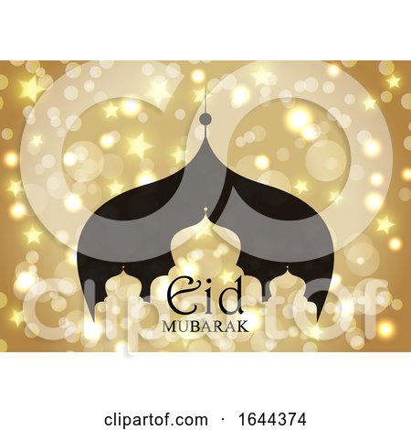 Eid Mubarak Background with Mosque Silhouette on Gold Stars and Bokeh Lights by KJ Pargeter