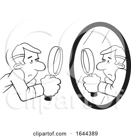 Cartoon Black and White Guy Doing a Self Examination with a Mirror and Magnifying Glass by Johnny Sajem
