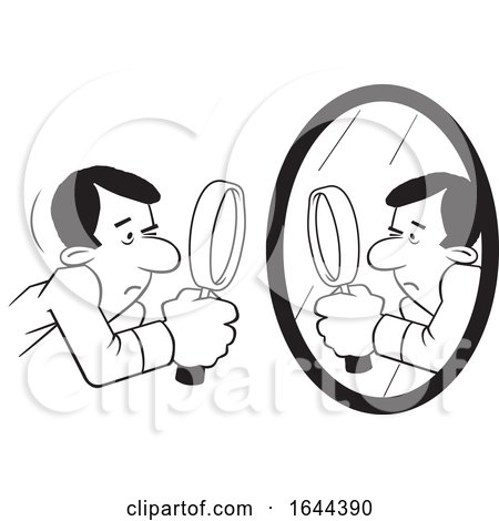 Cartoon Black and White Man Doing a Self Examination with a Mirror and Magnifying Glass by Johnny Sajem