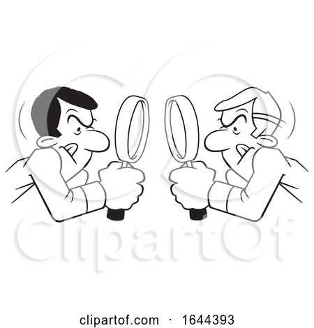 Cartoon Black and White Men Looking at Each Other Throgh Magnifying Glasses by Johnny Sajem