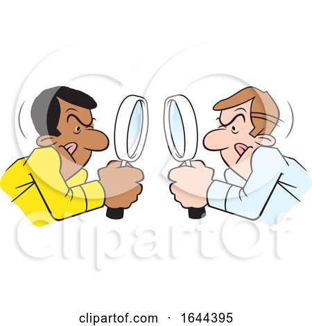 Cartoon White and Black Men Looking at Each Other Throgh Magnifying Glasses by Johnny Sajem