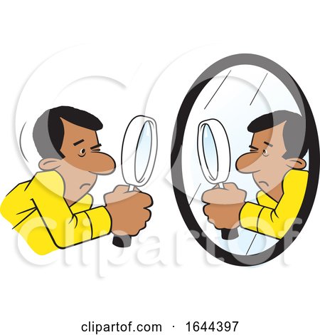 Cartoon Black Man Doing a Self Examination with a Mirror and Magnifying Glass by Johnny Sajem