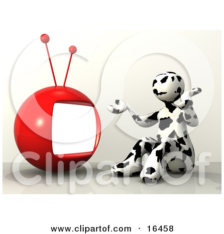 Black And White Cow Patterned Person Shrugging And Sitting In Front Of A Red Television Clipart Illustration Graphic by 3poD