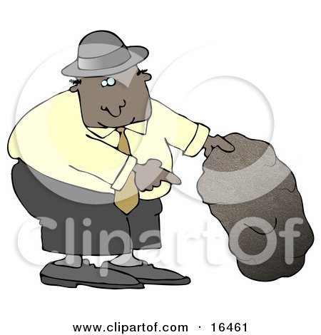 African American Man In A Black Hat, Blue Shirt, Slacks And Gray Shoes, Holding Up A Rock And Pointing Underneath It Clipart Illustration Graphic by djart