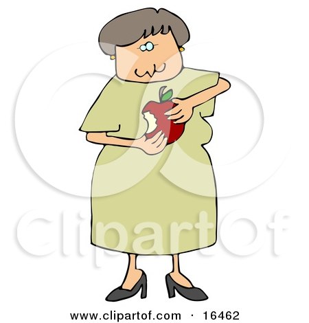 Friendly Female Teacher in a Green Dress, Eating a Red Apple Clipart Illustration Graphic by djart
