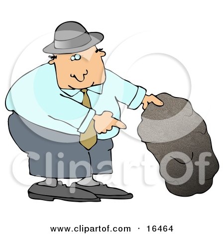 Caucasian Man In A Black Hat, Blue Shirt, Slacks And Gray Shoes, Holding Up A Rock And Pointing Underneath It Clipart Illustration Graphic by djart