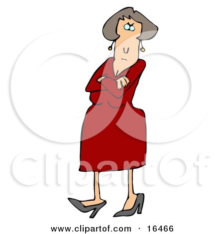 Angry Caucasian Woman In A Red Dress And Heels, Standing With Her Arms Crossed And Tapping Her Foot With A Stern Expression On Her Face Clipart Illustration Graphic by djart