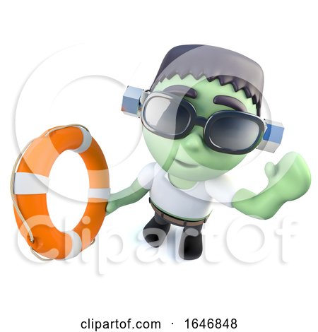3d Funny Cartoon Frankenstein Monster Character Holding a Life Ring by Steve Young