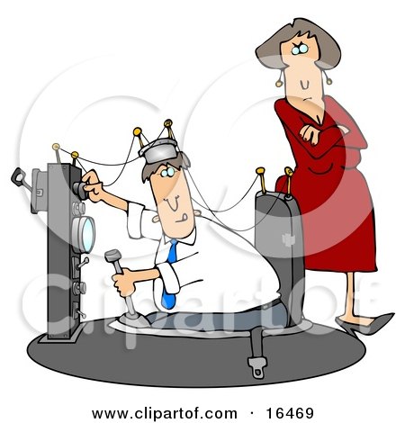 Wife Watching As Her Husband Plays And Experiments In His Time Machine Invention Clipart Illustration Graphic by djart