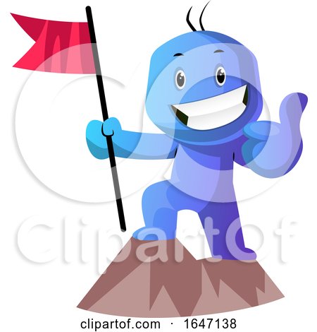 Successful Blue Cartoon Man with a Flag on a Mountain Top by Morphart Creations