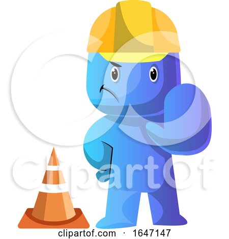 Cartoon Blue Man Construction Worker Gesturing Stop by a Cone by Morphart Creations