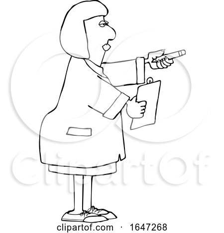 Cartoon Black and White Female Scientist Holding out a Pencil and Clipboard by djart
