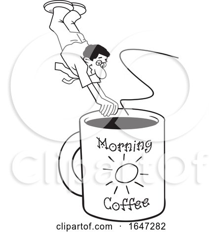 Cartoon Lineart Black Man Diving into a Giant Coffee Mug by Johnny Sajem