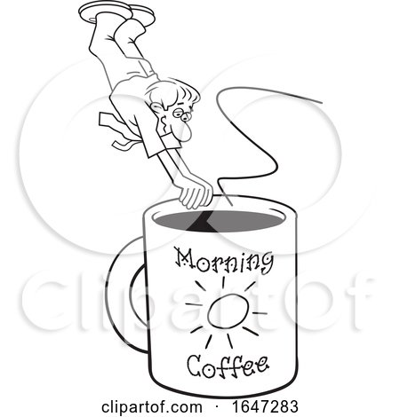 Cartoon Black and White Man Diving into a Giant Coffee Mug by Johnny Sajem