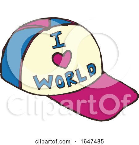 Cartoon Baseball Hat with I Love World Text by Cherie Reve