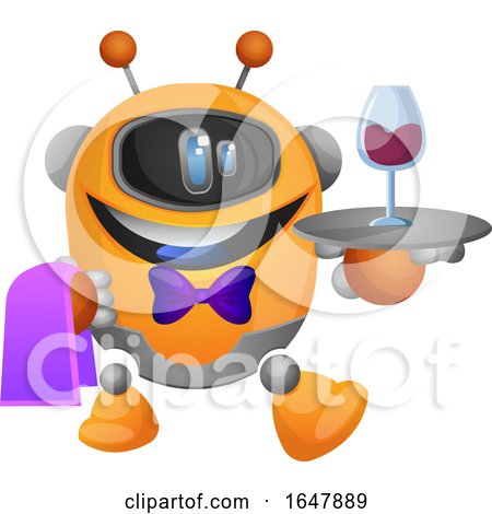 Orange Cyborg Robot Mascot Character Waiter Serving Wine by Morphart Creations