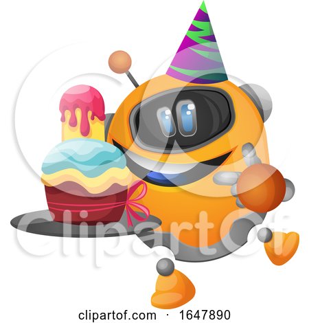 Orange Cyborg Robot Mascot Character with Birthday Cake by Morphart Creations