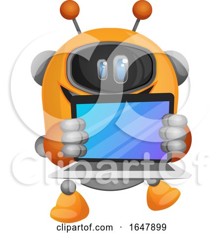 Orange Cyborg Robot Mascot Character Holding a Laptop by Morphart Creations