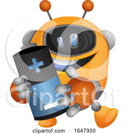 Orange Cyborg Robot Mascot Character Holding a Battery by Morphart Creations