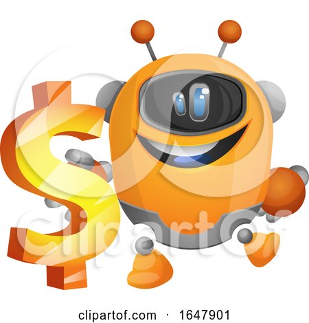 Orange Cyborg Robot Mascot Character Holding a USD Symbol by Morphart Creations