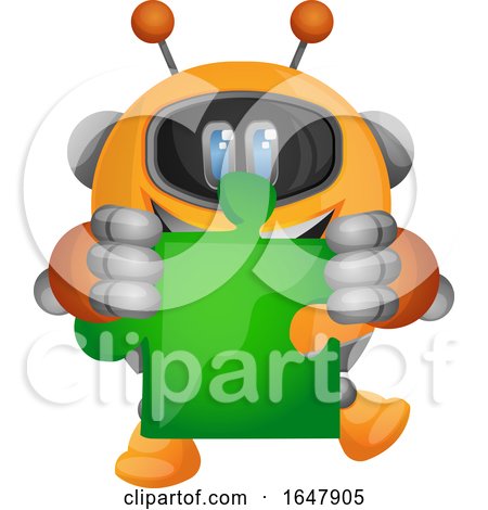 Orange Cyborg Robot Mascot Character Holding a Puzzle Piece by Morphart Creations