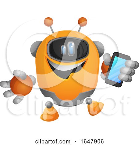 Orange Cyborg Robot Mascot Character Holding a Cell Phone by Morphart Creations