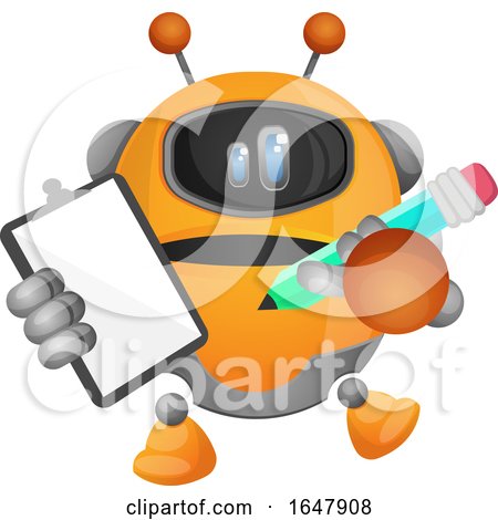 Orange Cyborg Robot Mascot Character Holding a Clipboard and Pencil by Morphart Creations
