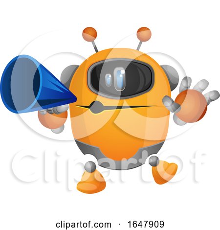 Orange Cyborg Robot Mascot Character Using a Megaphone by Morphart Creations