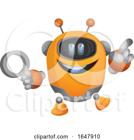 Cartoon Robot Holding a Magnifying Glass Illustration Vector on White Background by Morphart Creations