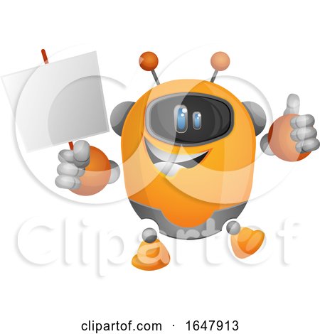 Orange Cyborg Robot Mascot Character Holding a Blank Sign by Morphart Creations