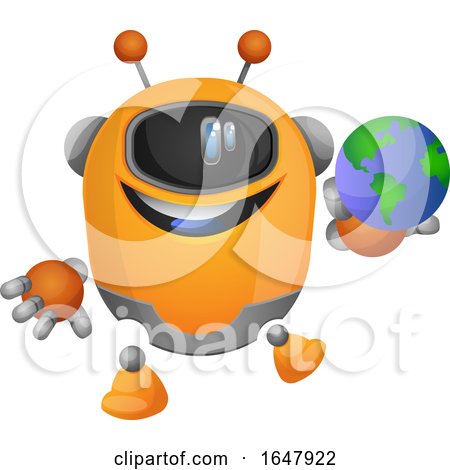 Orange Cyborg Robot Mascot Character Holding a Globe by Morphart Creations