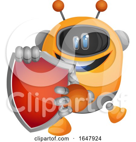 Orange Cyborg Robot Mascot Character Holding a Shield by Morphart Creations