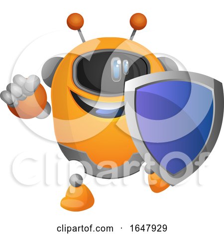 Orange Cyborg Robot Mascot Character Holding a Blue Shield by Morphart Creations