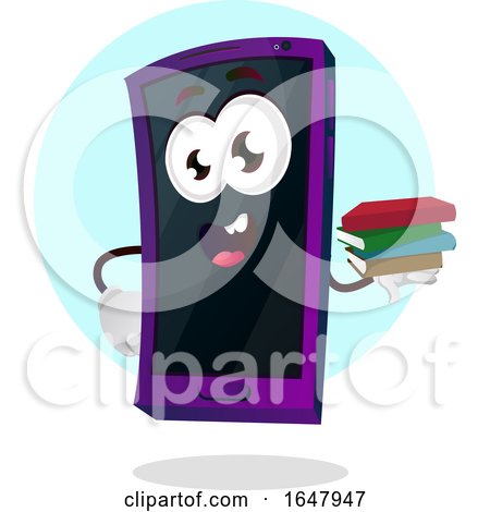 Cell Phone Mascot Character Holding a Stack of Books by Morphart Creations