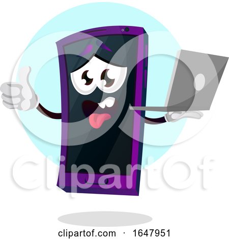Cell Phone Mascot Character Holding a Laptop by Morphart Creations