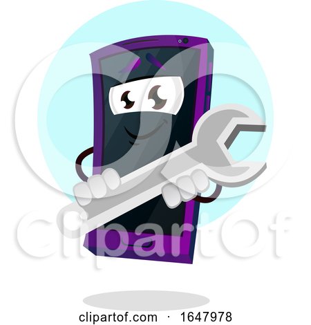 Cell Phone Mascot Character Holding a Spanner Wrench by Morphart Creations