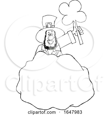 Cartoon Black and White St Patricks Day Leprechaun Holding up a Shamrock Behind a Rock by djart