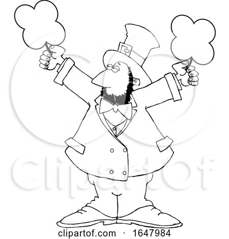 Cartoon Black and White St Patricks Day Leprechaun Holding Shamrocks by djart