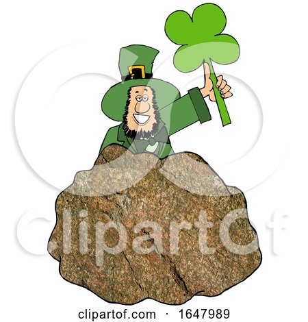 Cartoon St Patricks Day Leprechaun Holding up a Shamrock Behind a Rock by djart