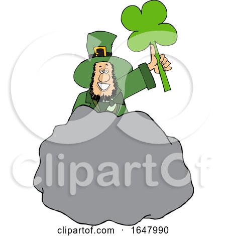 Cartoon St Patricks Day Leprechaun Holding up a Shamrock Behind a Boulder by djart